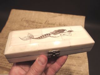 Antique Style Mermaid Scrimshaw Etched Bone & Wood Trinket Stamp Jewelry Box