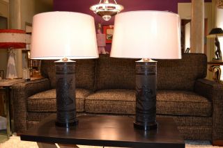 Tiki Mcm Lamps Mid Century Black Tooled Leather - Wrapped Bases Restored Wow
