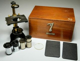 Antique E Leitz Wetzlar Brass Dissecting Microscope W/ Hand Rests & Case Germany