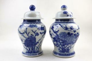Pair Antique Chinese Blue & White Vases W/ Birds,  Lids,  19th/early 20 C