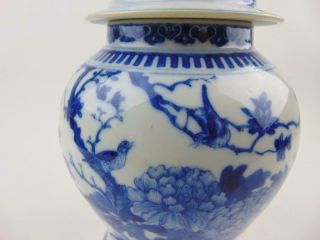 Pair Antique Chinese Blue & White Vases W/ Birds,  Lids,  19th/Early 20 C 6