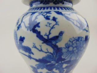 Pair Antique Chinese Blue & White Vases W/ Birds,  Lids,  19th/Early 20 C 7
