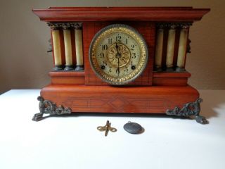 Antique Seth Thomas Adamantine Mahogany Mantel Clock W Key Pendulum