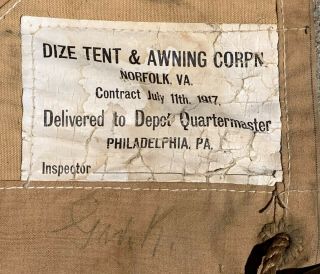 1917 Wwi Us Army Khaki Canvas Fly Tent With Adjustable Bronze Straps