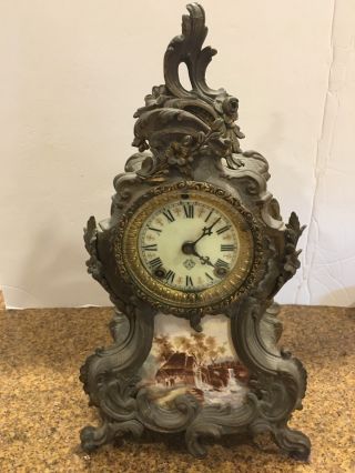 Antique 1890 " S Mantle Brass Clock With Porcelain Painting