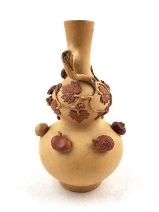 Antique Very Rare Chinese Yixing Zisha Double - Gourd Vase W/ Squirrels,  Republic