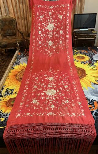 Antique Chinese Hand Embroidery Silk Piano Shawl 30 " X 90 " Fringe 16 " Scarfs