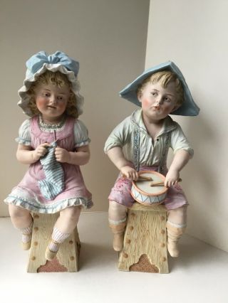 Antique Sitting Piano Baby Girl And Boy Figurines Bisque Porcelain