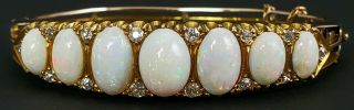 Antique 12k Gold Victorian Opal & Diamond Hinged Bangle Bracelet In Leather Box