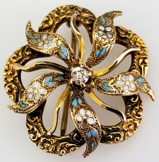 Antique Victorian 14k Gold Enamel & Diamond Floral Pin Brooch