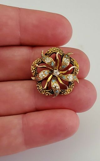 ANTIQUE VICTORIAN 14K GOLD ENAMEL & DIAMOND FLORAL PIN BROOCH 5