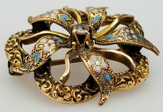 ANTIQUE VICTORIAN 14K GOLD ENAMEL & DIAMOND FLORAL PIN BROOCH 7