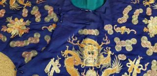 Antique Chinese Blue - Ground Embroidery Five - clawed Dragon Robe,  Circa 1900 11