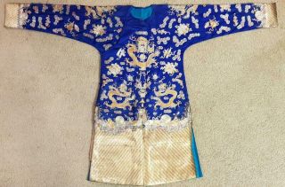 Antique Chinese Blue - Ground Embroidery Five - Clawed Dragon Robe,  Circa 1900