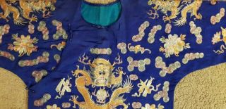 Antique Chinese Blue - Ground Embroidery Five - clawed Dragon Robe,  Circa 1900 2