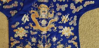 Antique Chinese Blue - Ground Embroidery Five - clawed Dragon Robe,  Circa 1900 3