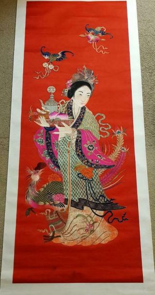 Huge 195cm Antique Chinese Embroidery Of Immortal Magu Figure W/ Phenix,  19th C