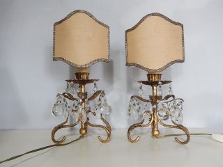 C 1930 French Gold Tole Crystal Prisms & Murano Balls Lamps W/ Shades Vintage