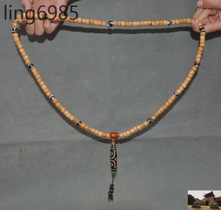 24 " Old Tibet Buddhism Cattle Bone Natural Agate Amulet Periapt Pendant Necklace