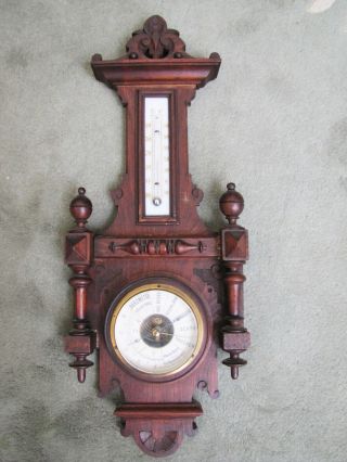Antique 1800’s German Wood Carved Wall Barometer Thermometer