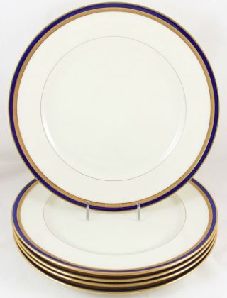 SET 4 DINNER PLATES GREEN MARK LENOX CHINA P80 COBALT BLUE RAISED GOLD ENCRUSTED 9