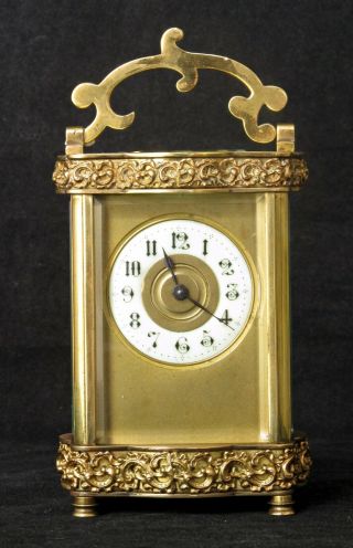 Antique Couaillet French Serpentine Carriage Clock,  Cast Brass Filigree Friezes
