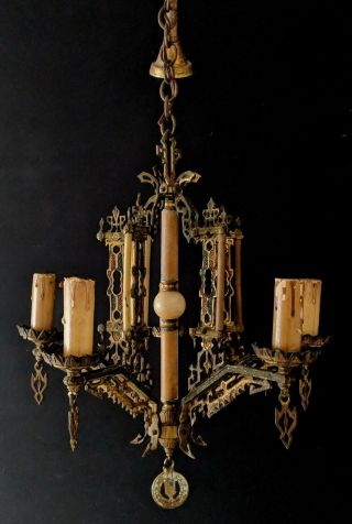 Antique Vtg 20s Brass Tudor Gothic 5 - Light Hanging Fixture Chandelier Needs Tlc