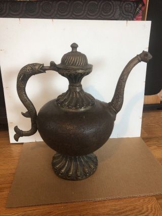 Antique Arabic Water Jug Brass Pitcher Fish Handle Tiger Spout Ornate 25 Ibs 10