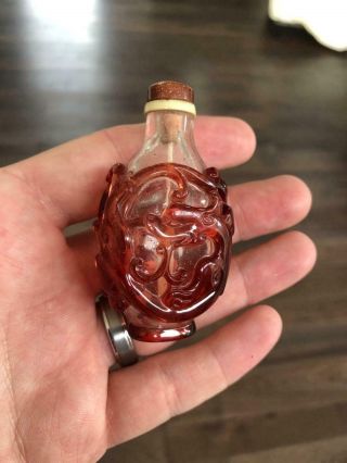 Fine Antique Chinese Imperial Dragon Chilong Red Glass Overlay Snuff Bottle 18th 9
