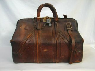 Antique Heavy Doctors Bag Brown Leather Lock & Key