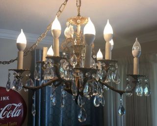 Vintage Mid Century Brass & Crystal 10 Arm / Light Chandelier W/ 85 Crystals