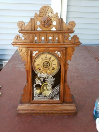 Antique Gilbert 8 Day Kitchen Clock With Alarm Very Rare Painted Pendulum