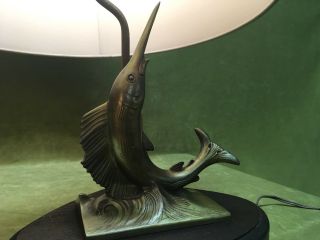 Rare Antique Vintage Signed Mid Century Bronze Fish Marlin Lamp Sculpture Statue