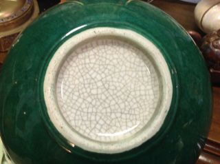 Antique Chinese Monochrome Porcelain Apple Green Crackle Glaze Bowl w/Brown Rim 10