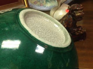 Antique Chinese Monochrome Porcelain Apple Green Crackle Glaze Bowl w/Brown Rim 11