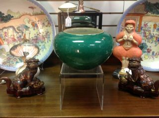 Antique Chinese Monochrome Porcelain Apple Green Crackle Glaze Bowl W/brown Rim