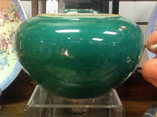 Antique Chinese Monochrome Porcelain Apple Green Crackle Glaze Bowl w/Brown Rim 2