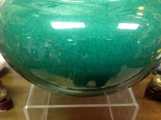 Antique Chinese Monochrome Porcelain Apple Green Crackle Glaze Bowl w/Brown Rim 5