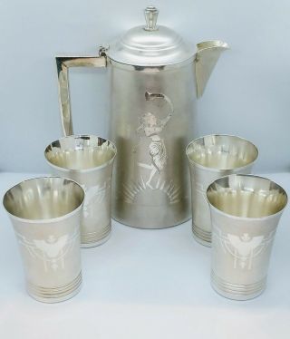 Antique Indian Silver Water Jug And Cups Set,  Art Deco,  Early 20th C.
