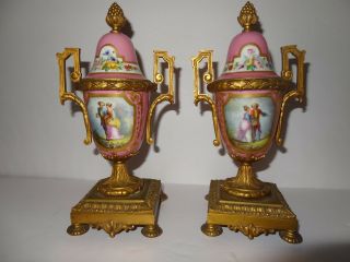 Pair Antique French Sevres Style Garniture Urns Hand Painted Ormolu 19th Cent