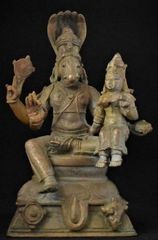 Antique Large Hayagriva Vishnu With Consort Lakshmi Bronze 7 Inches