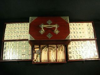 Antique Chinese Bone & Bamboo Mah Jong Set With Rosewood Chest Complete Set
