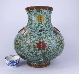 LARGE ANTIQUE CHINESE CLOISONNE VASE WITH LOTUS FLOWERS 3