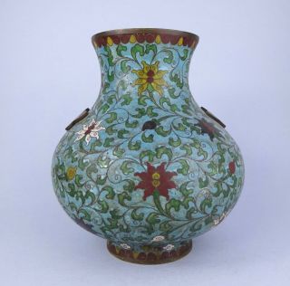 LARGE ANTIQUE CHINESE CLOISONNE VASE WITH LOTUS FLOWERS 5