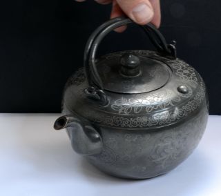 Lovely Antique or Vintage Chinese Pewter Teapot - Ornate Etched Design,  Stamped 4