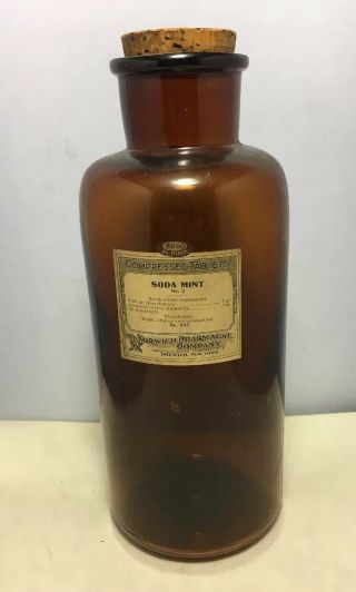 Large 11 " Antique Amber Norwich Apothecary Medicine Bottle Jar Soda W Cork