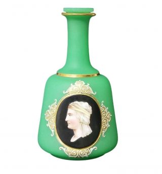 Antique French Green Opaline Glass Portrait Decanter
