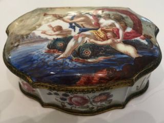 Antique Continental Porcelain Box With Hand Painting Of Figures And Floral Decor