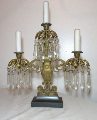 Antique Ornate Gilt Brass Cut Crystal Girandole Candelabra Electric Table Lamp