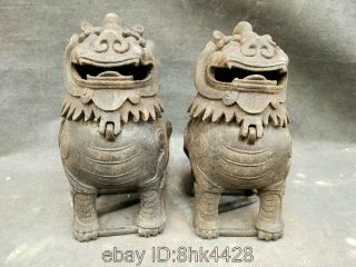 22cm China Iron Old Guard Foo Dogs Lions Pairs Incense Burner Sculpture Statues